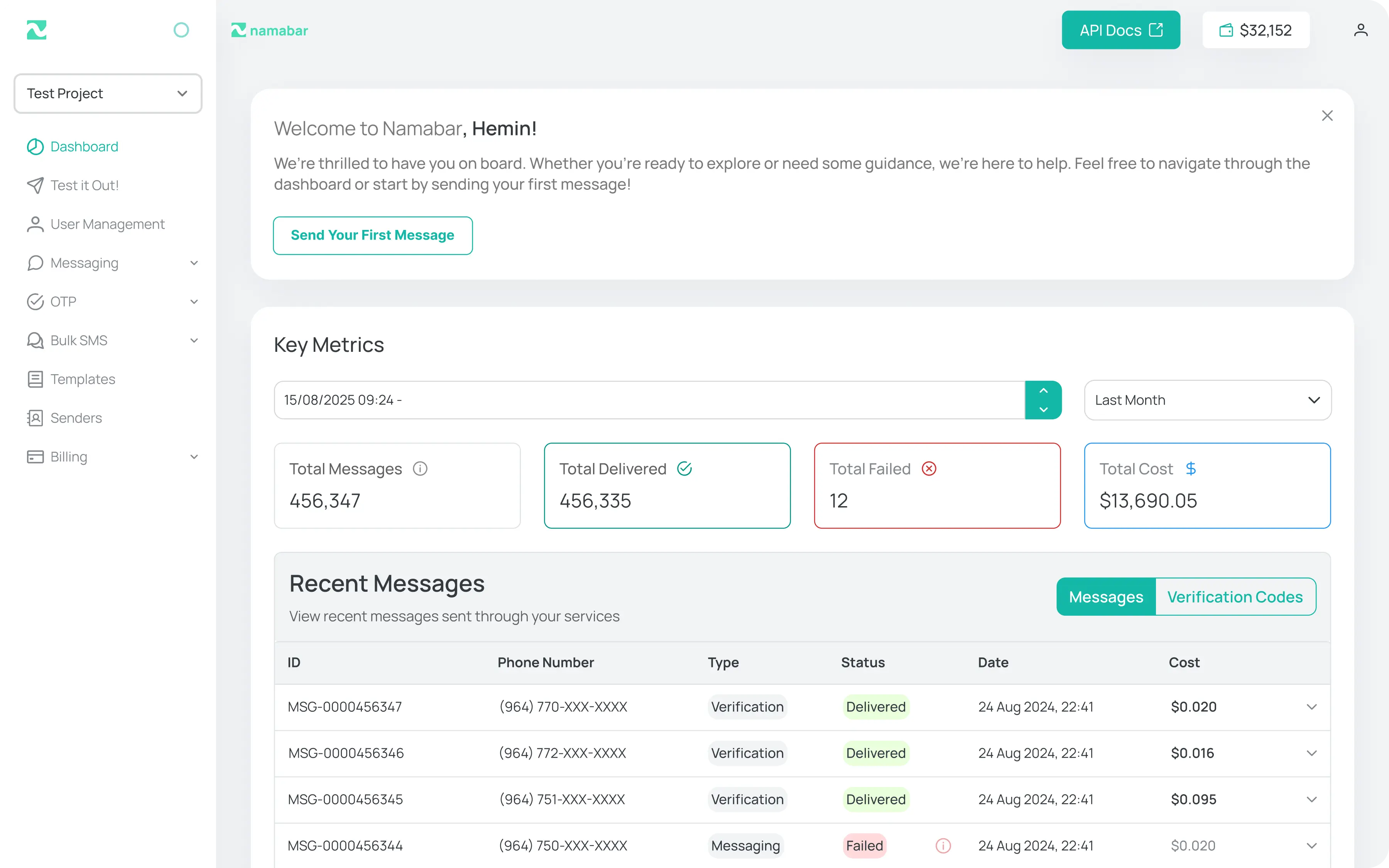 Namabar dashboard screenshot showing messaging features and analytics